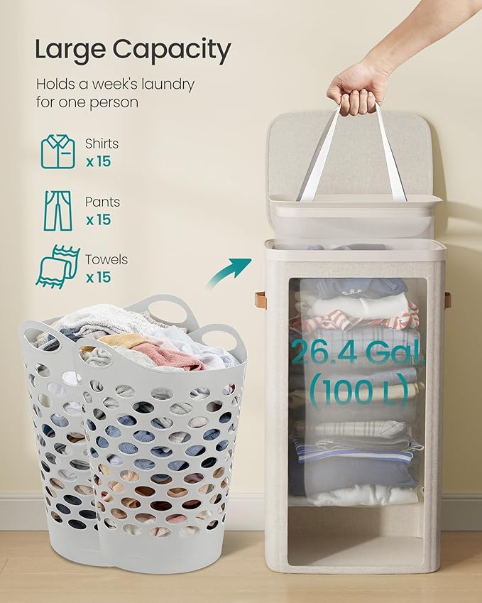 SONGMICS Laundry Basket, 26.4 Gal. Laundry Hamper, Easy Assembly, with Lid and Handles, Removable Liner, 16.5 x 12.6 x 29.5 Inches, Cappuccino Beige ULCB811LH01