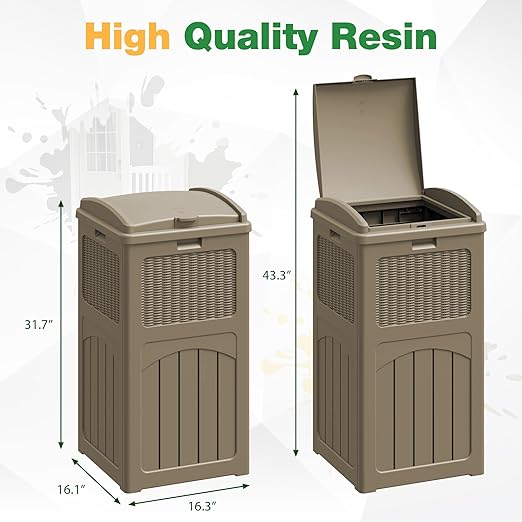Flamaker 30 Gallon Trash Can, Resin Outdoor Garbage Can with Lid, Waterproof Hideaway Patio Waste Bins for Outside Use (2 Pack, Brown)
