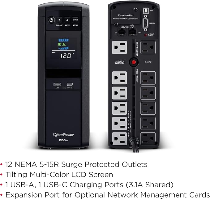 CyberPower CP1500PFCLCD PFC Sinewave UPS Battery Backup and Surge Protector, 1500VA/1000W, 12 Outlets, AVR, Mini Tower; UL Certified