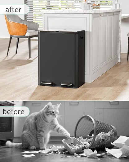 16 Gal (2 x 30 L) Dual Trash Can, Stainless Steel Kitchen Garbage Bin, Recycle Dustbin with Odor Control Box, Soft-Close Lid, Inner Buckets, Side Handle, Step Pedal, for Home Office