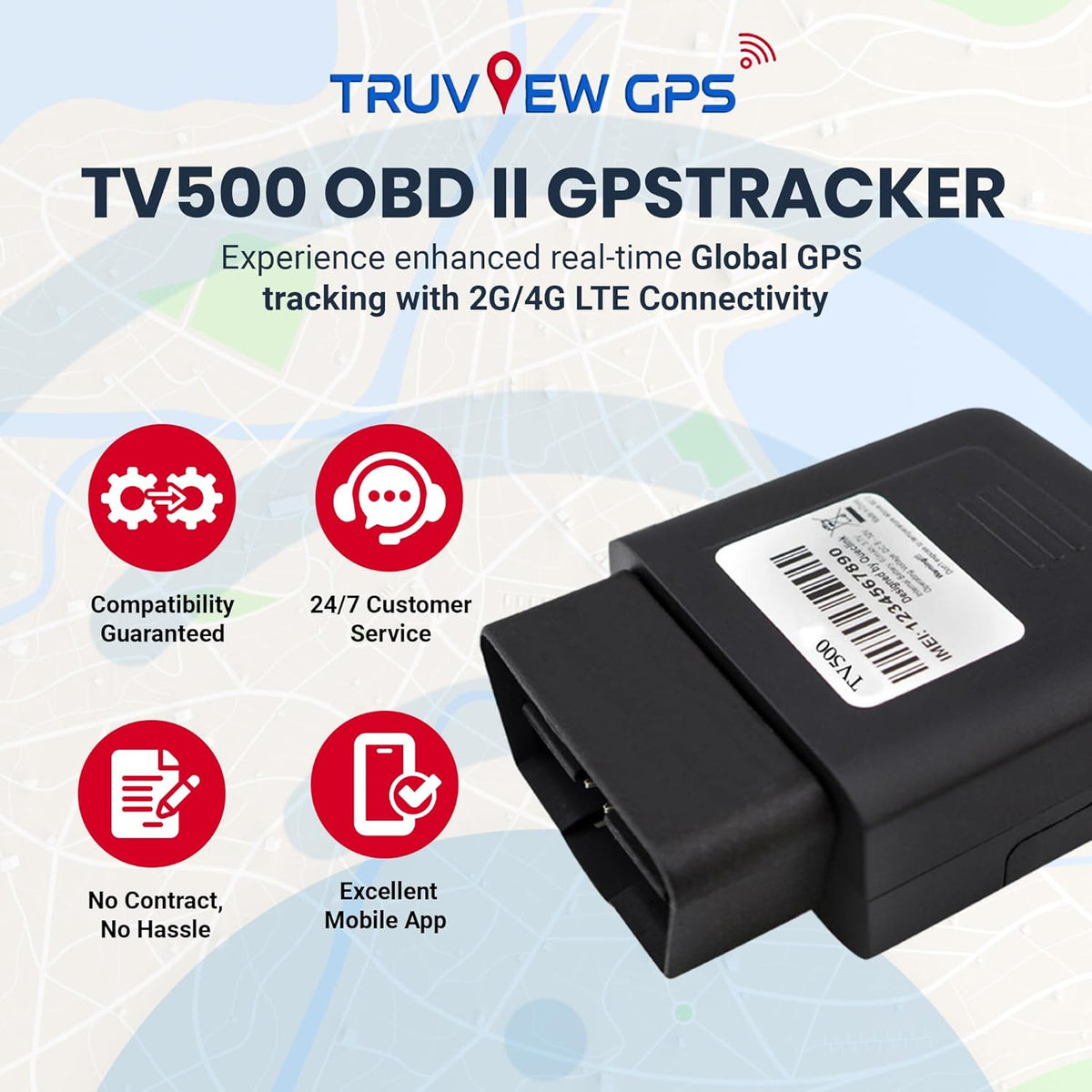 Truview TV500 OBD II, 4G GPS Tracker with Global SIM - Real-Time & Reliable Vehicle Tracking Device for Cars, Vans & Fleets - Plug & Play, Mobile App, 24/7 Support - No Contract Required