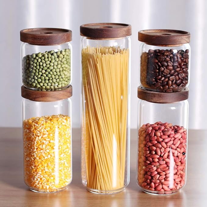 Glass Canisters Set of 5 for the kitchen, Glass Storage Container jars with Airtight Acacia Lid for Coffee Beans, Flour, Sugar, Rice and Spaghetti and etc