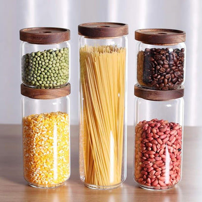 Glass Canisters Set of 5 for the kitchen, Glass Storage Container jars with Airtight Acacia Lid for Coffee Beans, Flour, Sugar, Rice and Spaghetti and etc