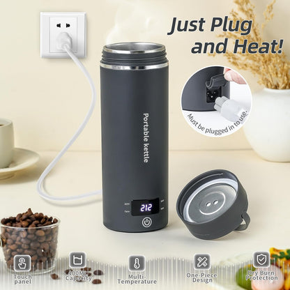Travel Electric Kettle Portable Mini Kettle,Small Hot Water Boiler with 4 Temperature Settings,304 Stainless Steel,Fast Boiling Water with Auto Shut-Off and Boil Dry Protection,400ml (Grey, 400ml)