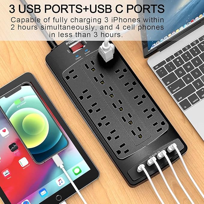 18 Outlets Surge Protector Power Strip - 10 Feet Flat Plug Heavy Duty Extension Cord with 18 Widely Outlets and 4 USB Ports, 2100 Joules, Black, ETL Listed