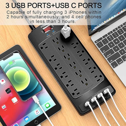 18 Outlets Surge Protector Power Strip - 10 Feet Flat Plug Heavy Duty Extension Cord with 18 Widely Outlets and 4 USB Ports, 2100 Joules, Black, ETL Listed