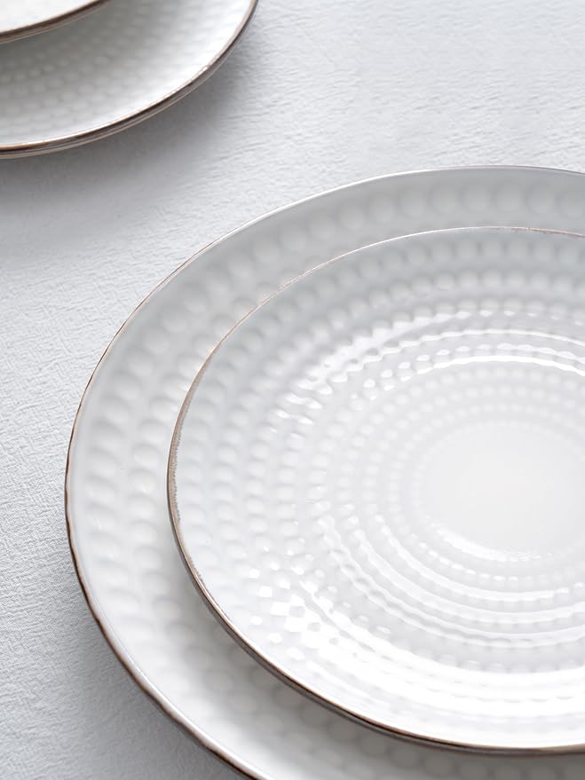 Famiware Eden Plates and Bowls Sets, Stoneware Dinnerware Sets with Gold Trim, 18 Pieces Dishes Set for 6 - Chip and Scratch Resistant, Microwave and Dishwasher Safe, White Circle