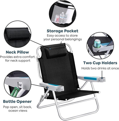 ICECO Backpacking Beach Chairs for Adults, 5 Positions Reclining Chair, Heavy Duty Folding Chairs, Portable Lay Flat Outdoor Chair with Cup Holder for Beach, Camping, Lawn, 350lb Capacity