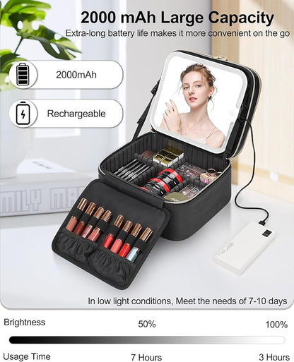Travel Makeup Bag with LED Mirror Double Layer Makeup Case with Lighted Mirror Dual Layer Cosmetic Train Case Portable Artist Organizer Bag with Dividers and Rechargeable Vanity (Black, Small)