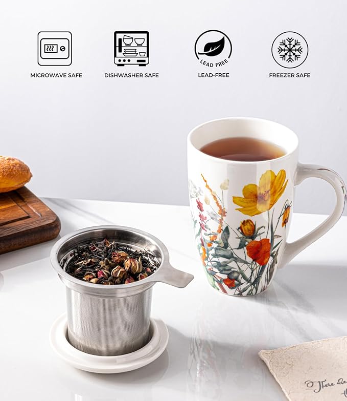 AmorArc Porcelain Tea Mug with Infuser and Lid, 18 Oz Tea Cup with Handle for Loose Leaf Tea, Gift for Tea Lovers of Men and Women