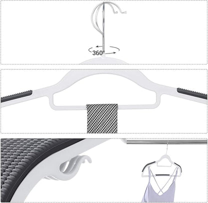 SONGMICS Pack of 30 Coat Hangers, Space-Saving Plastic Clothes Hangers, Non-Slip, 0.2 Inches Slim, 16.5 Inches Wide, 360° Swivel Silver Hook, White and Dark Gray UCRP20WG30