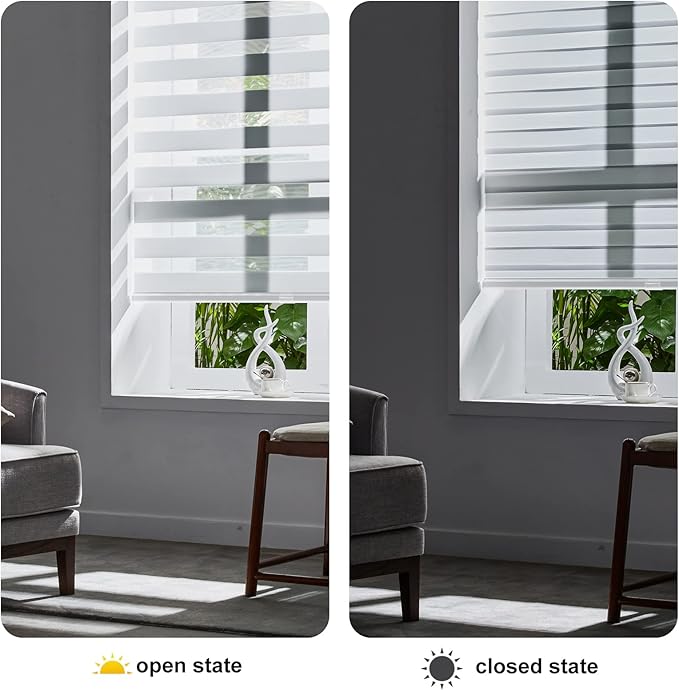 Persilux Zebra Blinds for Windows Cordless Blinds & Shades (15" W x 64" H, White) Free-Stop Roller Window Shades, Light Filtering Roller Shades for Windows, Light Control for Day and Night