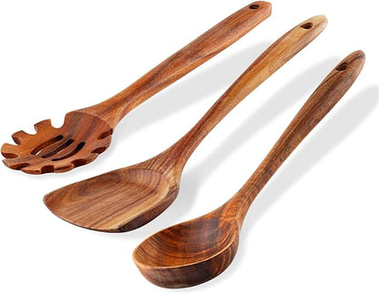 FJNATINH 3-Piece Teak Wooden Wok Spatula Set, Wooden Kitchen Utensil Set, 100% Natural Teak Wood Cooking Utensils