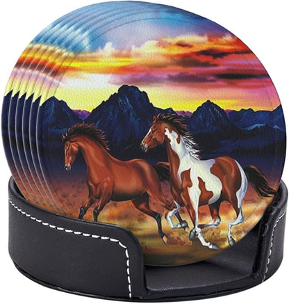 6 Pcs Wild Horses Running Leather Coasters