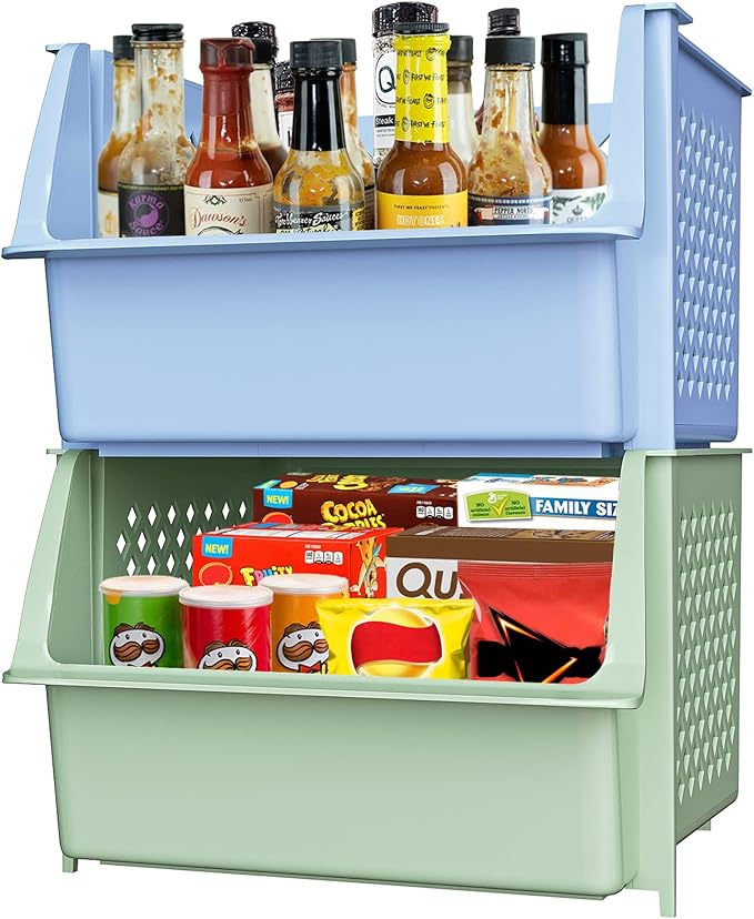 Skywin Plastic Stackable Storage Bins for Pantry - 2 Pack Stackable Bins For Organizing Food, Kitchen, and Bathroom Essentials (Multi)