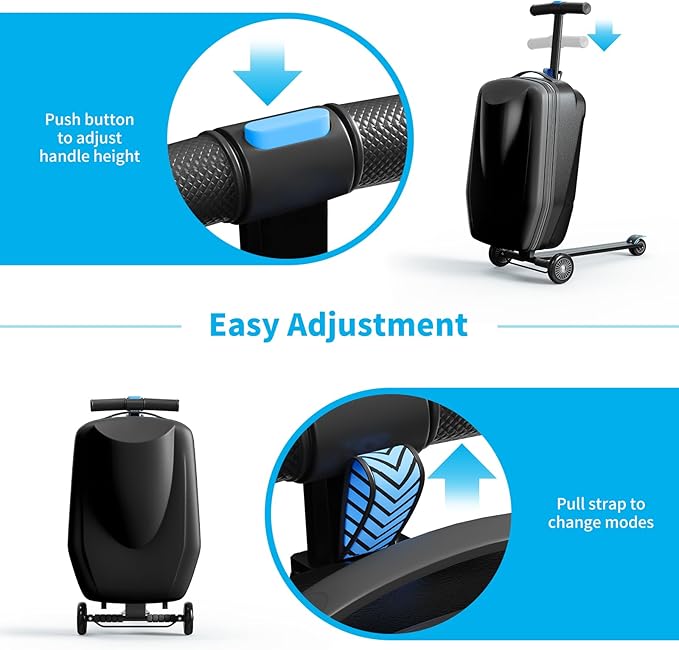 Scooter Hardshell Kids' Luggage, Foldable Carry on Kids Suitcase with Telescopic Handle for Travel, Multifunctional Ride On Lightweight Luggage with Wheels, Light Black