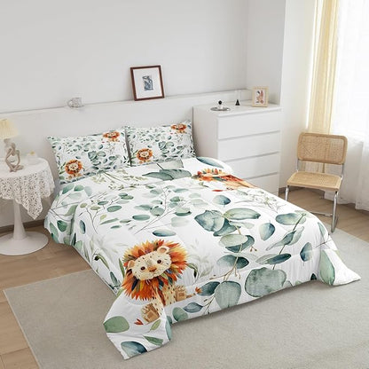Erosebridal Cute Lion Bedding Toddler Size for Kids Child Green Eucalyptus Comforter Set Toddler, Woodland Animal Duvet Insert Plant Leaves Quilt Comforter, Cartoon Wildlife Bedding Comforters & Sets