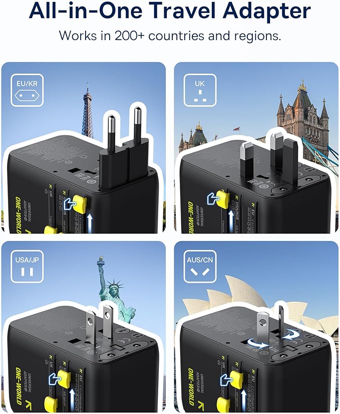 Baseus 45W European Travel Plug Adapter, 6-in-1 Universal Power Adapter with USB-C Retractable Cable, PD Fast Charging GaN International Travel Essentials for Over 200 Countries - Picogo AG11