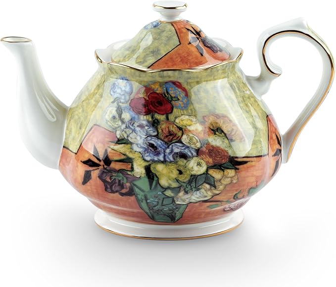 Teapot 30 oz Van Gogh Paintings Bone China Loose Tea Pot Floral Design Vintage Ceramic Coffee Water Pot European Style Porcelain (Flower Vase)