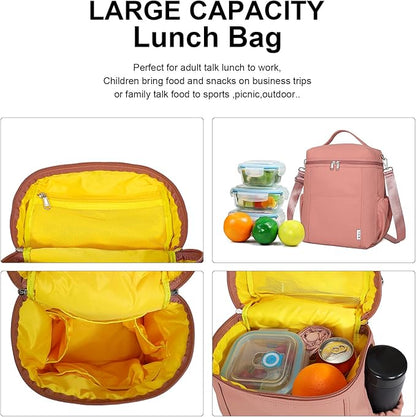 NOL Natural Organic Lifestyle Insulated Lunch Bags for Women Cooler Bag Lightweight Nylon Waterproof Lunch Box For Work (Dark Pink, Large)