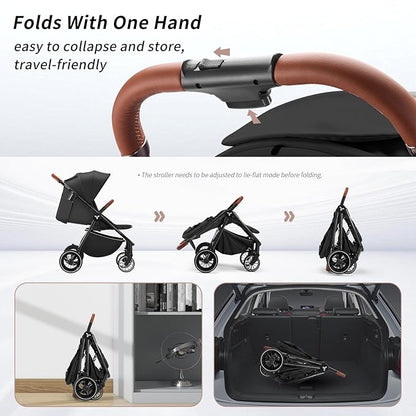 Tinyiota Baby Stroller, Infant Stroller with Large UPF 50+ Canopy,Luxury Pram Strollers with Leather Handle & Spacious Seat, One-Hand Foldable Pushchair, Toddler Carriage with Lie-Flat Mode(Black)