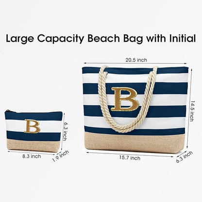Becokan Beach Bag Initial Beach Tote with Makeup Bag for Travel Work Storage Personalized Birthday Gifts for Women Her