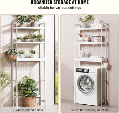 VEVOR Over The Toilet Storage, 3-Tier Adjustable Over Toilet Bathroom Organizer, Bamboo Storage Shelf Rack with 3 Hooks, Freestanding Easy Assembly Laundry Space Saver, Fit Most Toilets, White