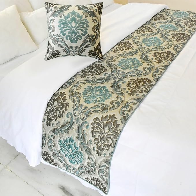 The HomeCentric King/Queen/Twin Blue Decorative Full 68"x18" Bed Runner with 2 Pillow Cover, Damask Bed Scarf on Jacquard Fabric - Royal Elegance