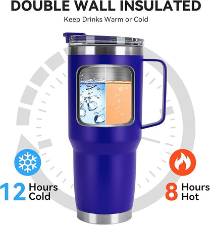 30oz Tumbler with Handle, Insulated Leak Proof Coffee Travel Mug with Straw Lid Double Wall Stainless Steel Vacuum Tumblers Metal Cup Keep Hot and Iced Drink for Gym, Office, Camping, Blue 1 Pack