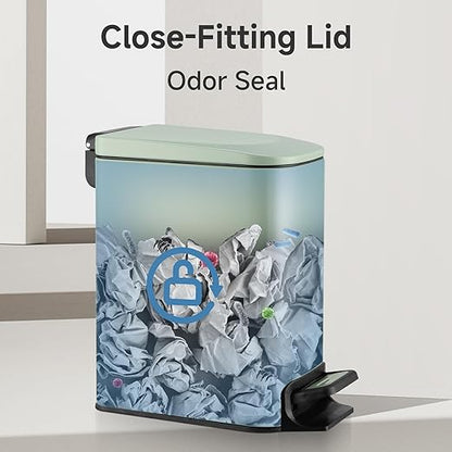 TIPGO Slim Bathroom Trash Can with Lid Soft Close, 6 Liter / 1.6 Gallon Stainless Steel Garbage Can with Removable Inner Bucket, Step Pedal, Small Trash Cans for Bedroom, Office, Kitchen (Green)