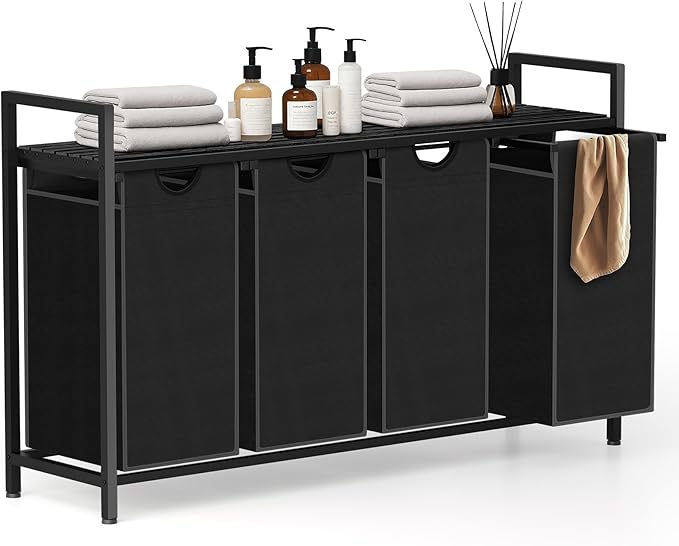 Laundry Hamper, Laundry Sorter with 4 Pull-Out Removable Oxford Fabric Bags Cloth Laundry Basket 4 x 10 Gallons (Charcoal Black)