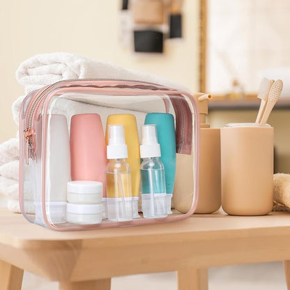 PACKISM TSA Approved Toiletry Bag - Clear Makeup Bags in 2 Size, Durable with Supporting Frame, Perfect for Travel Essentials, Carry-on Airport Airline Compliant Bag, Rose Pink