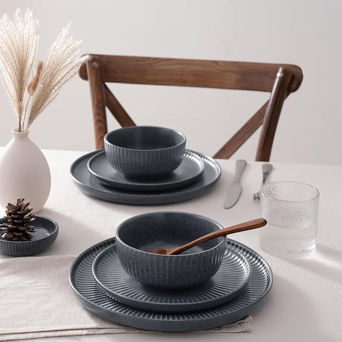Famiware Ceramic Plates and Bowls Sets, Reactive Glaze Ribbed Dishes