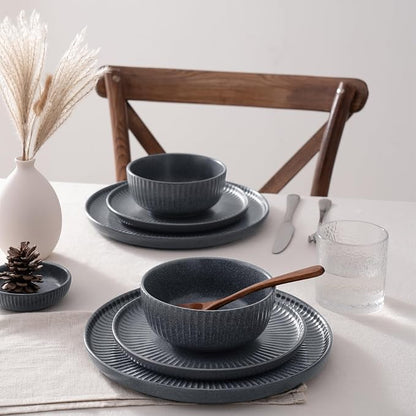 Famiware Ceramic Plates and Bowls Sets, Reactive Glaze Ribbed Dishes