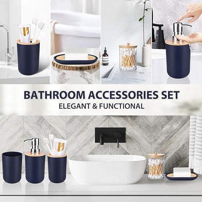 iMucci Bathroom Accessories Set 5Piece Navy Blue Bathroom Sets, Toothbrush Holder, Toothbrush Cup, Lotion Soap Dispenser, Soap Dish and Qtip Holder Bathroom Decor