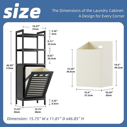 HITNET Tilt Out Laundry Hamper, Bamboo Bathroom Cabinet with Pull Out Removable Bag and 3 Tier Storage Shelves, 8.5 Gallon Clothes Basket with Metal Handle, Black