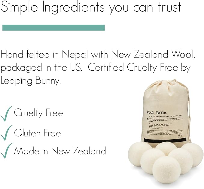 Molly's Suds Wool Dryer Balls | XL, Premium Organic Fabric Softener, Hypoallergenic, Hand-Felted, Reusable, Reduce Drying Time | White, Set of 6