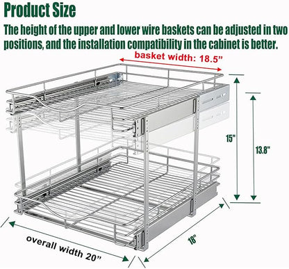DINDON 2 Tier Pull Out Cabinet Organizer (20" W X 18" D), Double Tier Wire Basket Slide Out Shelf Storage for Kitchen Base Cabinet Organization for Kitchen, Pantry, Bathroom, Chrome