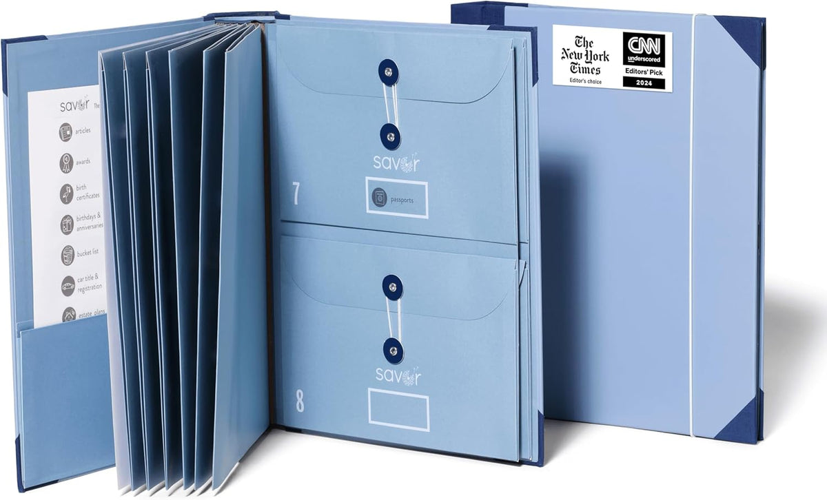 Savor | 2025 Edition The Folio™ Document Organizer | Custom Dyed Cloth-Bound Expanding File for Important Papers, Passports, Birth Certificates & More | Ideal for Home Organization & Graduation Gift