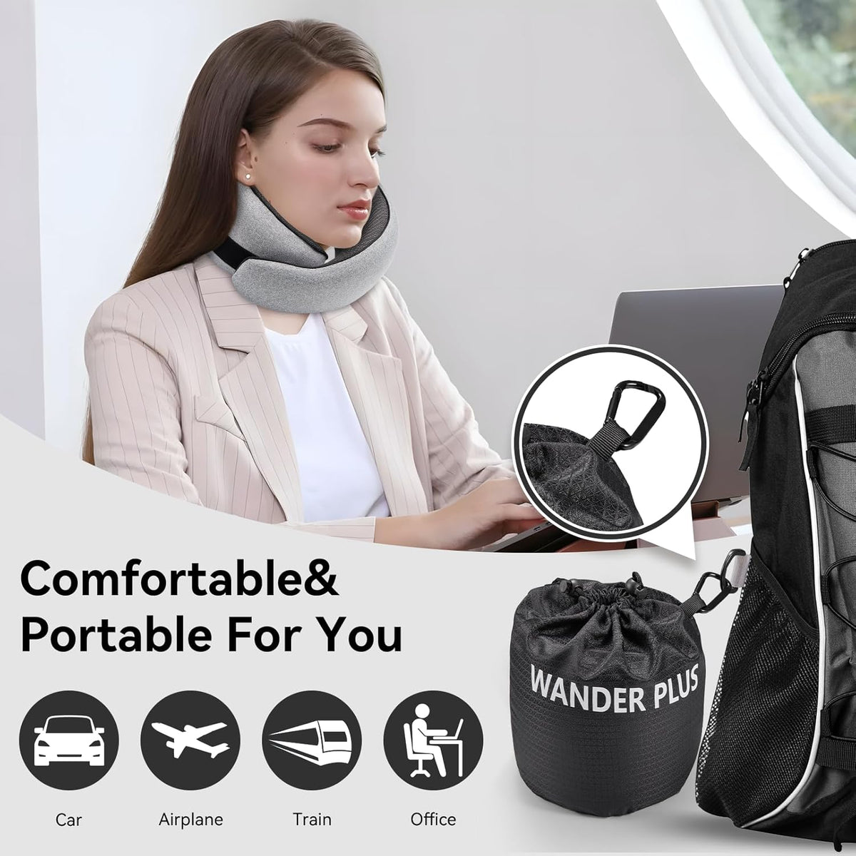 WANDER PLUS® Genuine Travel Pillow, 100% Pure Memory Foam Neck Pillow for Airplanes, Comfortable Breathable Cover, 360° Support Stowable Pillows for Sleeping, Car, Airport Travel Essentials Pink