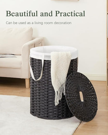 Laundry Basket with Lid Round Rattan Laundry Hamper with Lid and Handles 29.1 Gal (110 L) Handwoven Woven Basket with Removable Bags and 2 Mesh Bags for Bathroom Living Room Black