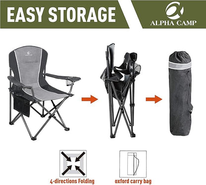 ALPHA CAMP Oversized Camping Folding Chair - Heavy Duty Steel Frame Support 350 LBS, Collapsible Padded Arm With Cup Holder, Quad Lumbar Back, Portable for Outdoor/Indoor
