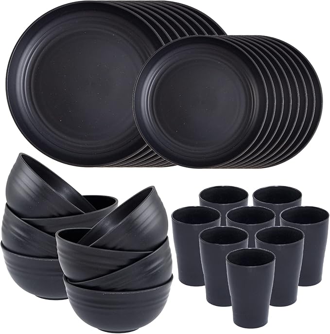 Supernal Wheat Straw Dinnerware Sets,Plates and Bowls Set, Dish Sets for 8, Unbreakable Plate for 8 Dishwasher Safe,Reusable Dinnerware Black-16pcs Plates, 8pcs Bowls, 8pcs Cups.