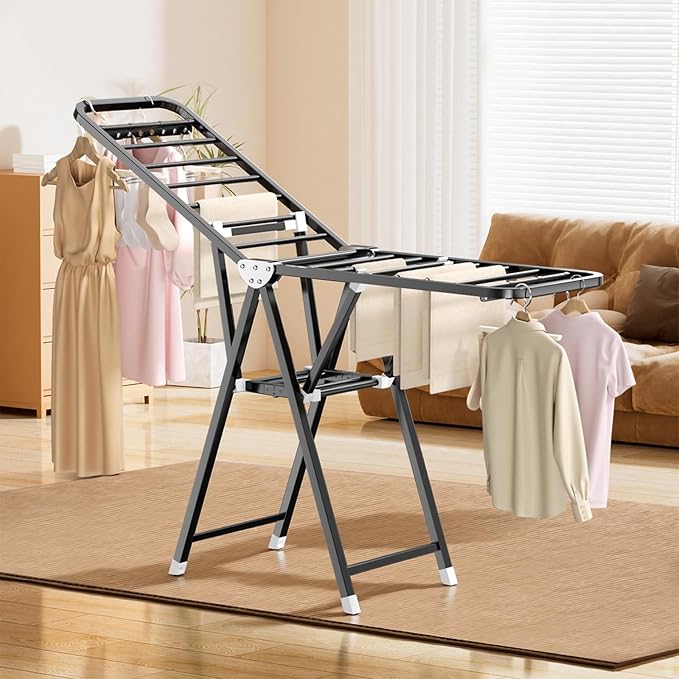 MIKEE Clothes Drying Rack,Stainless Steel Foldable Laundry Drying Rack for Indoor & Outdoor Use，with Height-Adjustable Wings，2-Tier Clothes Rack with Windproof Hanging Holes and Wheels，132 lbs