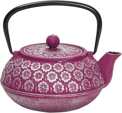 Juvale Cast Iron Tea Kettle with Infuser - Stovetop Brewing & Heat Retention - Floral Purple Cast Iron Teapot - Built-In Loose-Leaf Tea Infuser Pot - 34 oz, Medium