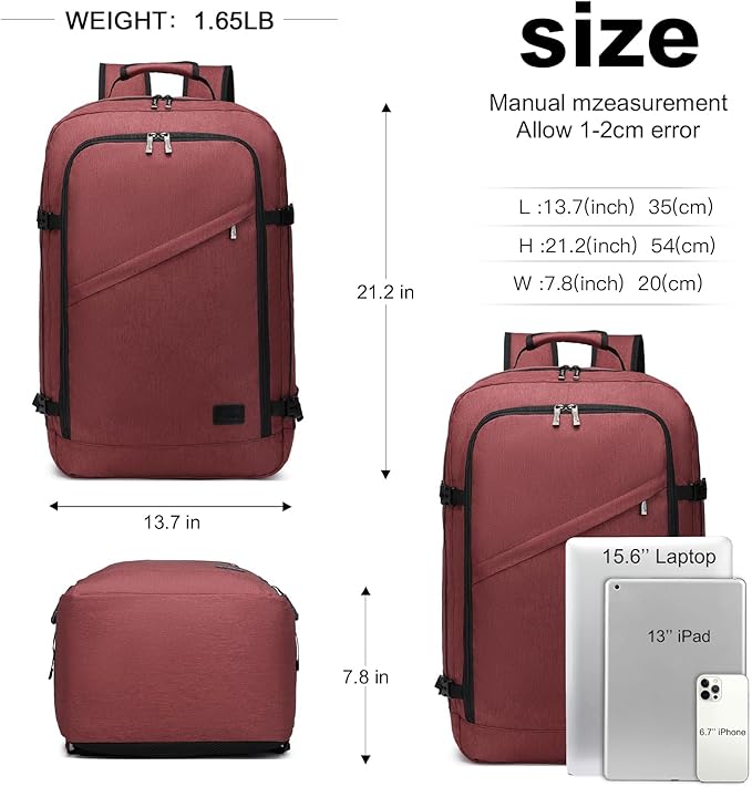 Kono Carry on Backpack, 22" Airplane Approved Travel Backpack for Men and Women, Waterproof Lightweight Daypack for Flight 40L (Burgundy Red, Large)