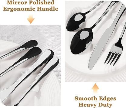 Astercook 24-Piece Black Silverware Set with Steak Knives Flatware Set for 4 Food-Grade Stainless Steel Cutlery Set Mirror Polished Utensils Set Include Spoons and Forks for Home Kitchen Restaurant