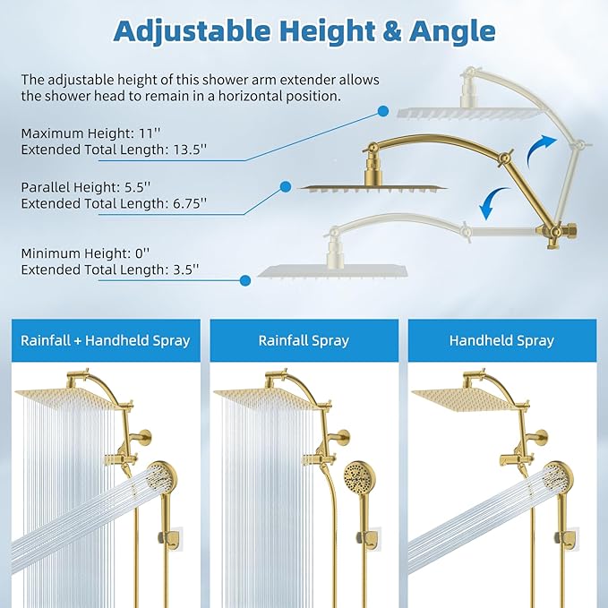 Hibbent All Metal Shower Head, 10'' High Pressure Rain Shower Head, Handheld Showerhead Combo with 16'' Adjustable Shower Extension Arm, 10 Sprays, 71'' Hose, Adhesive Showerhead Holder, Brushed Gold