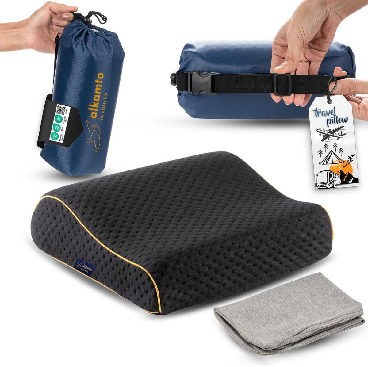 Travel & Camping Comfortable Memory Foam Pillow – Easy to Carry Portable Bag – Temperature Regulating Pillow Case (Black Contour + Extra Cover)