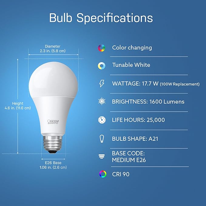 Feit Electric Smart Bulb, 100W Equivalent Color Changing and Tunable White, 2.4Ghz Wifi light bulb, No Hub Needed, Works with Alexa and Google Assistant, High CRI Dimmable LED OM100/RGBW/CA/AG, 1 Pack